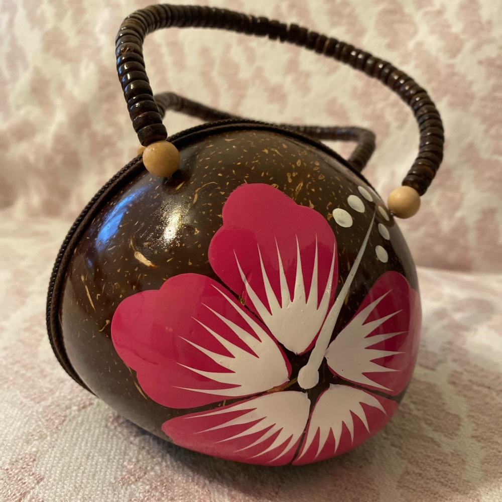 Tropical Floral Handpainted Cocunut Brown and Pink Handbag